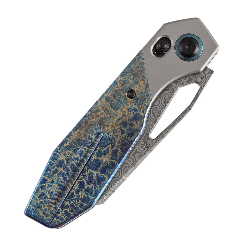 Kansept QTRO | Crossbar Lock | Stonewashed Titanium &  Lightning Strike Finish Ti Inlay | 3.59" Damascus Blade | Luft Concepts Designed |K1118VA2