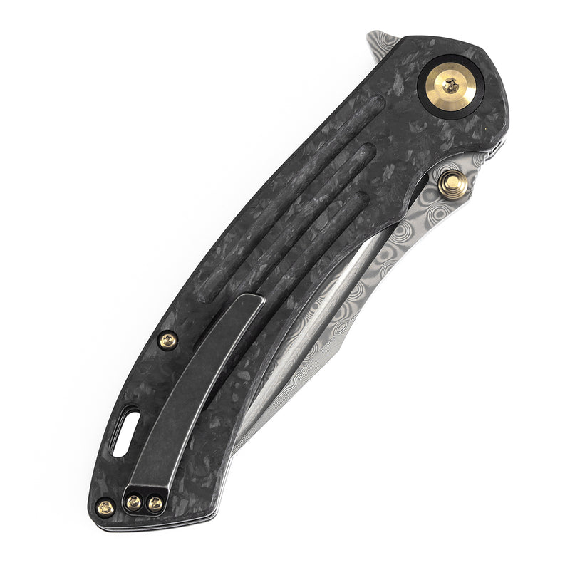 KANSEPT Pretatout Thumb Stub Flipper Shred Carbon Fiber Handle (3.56“ Damascus Blade) with Kmaxrom Design-K1032D2