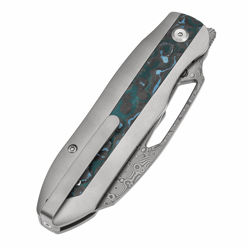 KANSEPT Thunderhead Thumb Hole Stonewashed Titanium with Artic Storm Carbon Fiber Handle (3.58" Damascus Blade) with K.C. Spiron Design-K1106A5