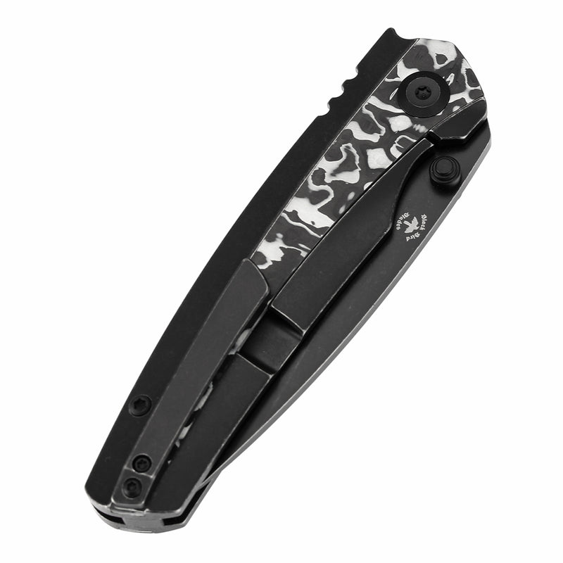 KANSEPT Thumb Stub Raven Blackwash Titanium, Black and White Nebula Carbon Fiber(3.13" CPM 20CV Blade) with Black Bird Blades Design-K2109A1
