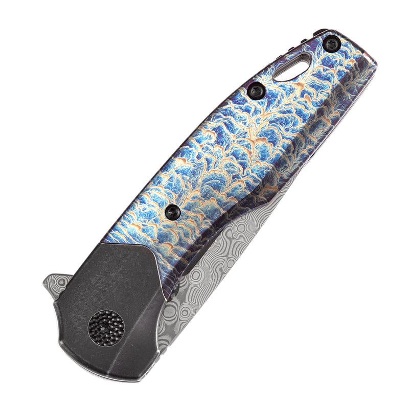 KANSEPT Cassowary Flipper Black Stonewashed Titanium and Lightning Strike Finish Titanium Handle (2.9''Damascus Blade ) Koch Tools Design -K2065B4
