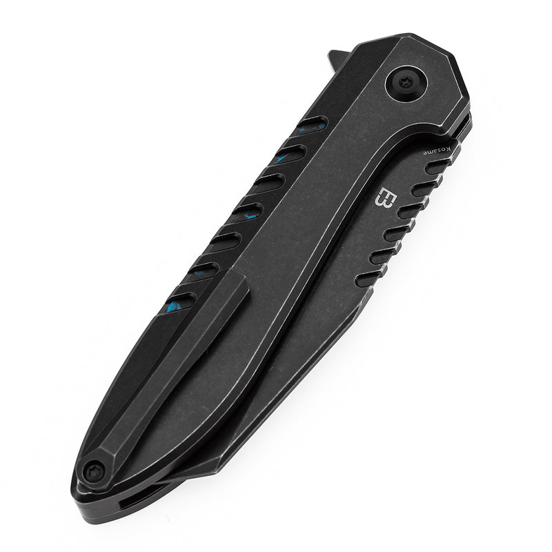KANSEPT Kosame Button Lock Blackwash Titanium with Blue Carbon Fiber Inlay (3.37" 154CM Blade) with EI Spade Design-T1093F2