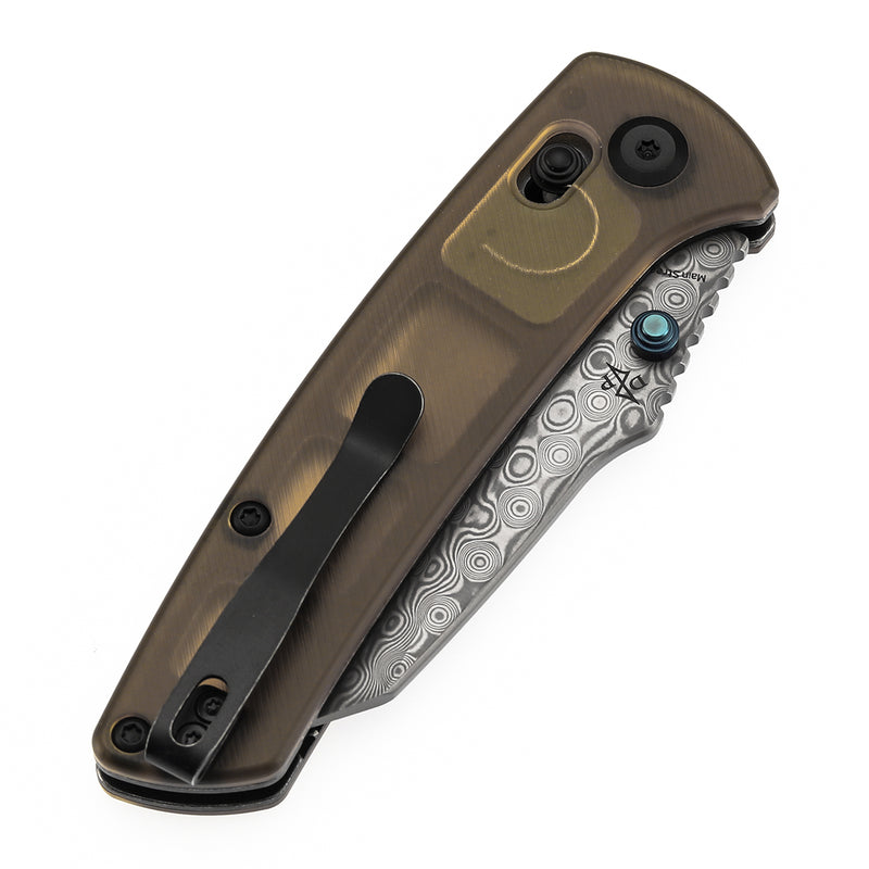 KANSEPT Main Street Thumb Studs/Crossbar Lock Knife Amber PEI/Ultem Handle (3.36''Damascus Blade) Dirk Pinkerton Design-T1015V12