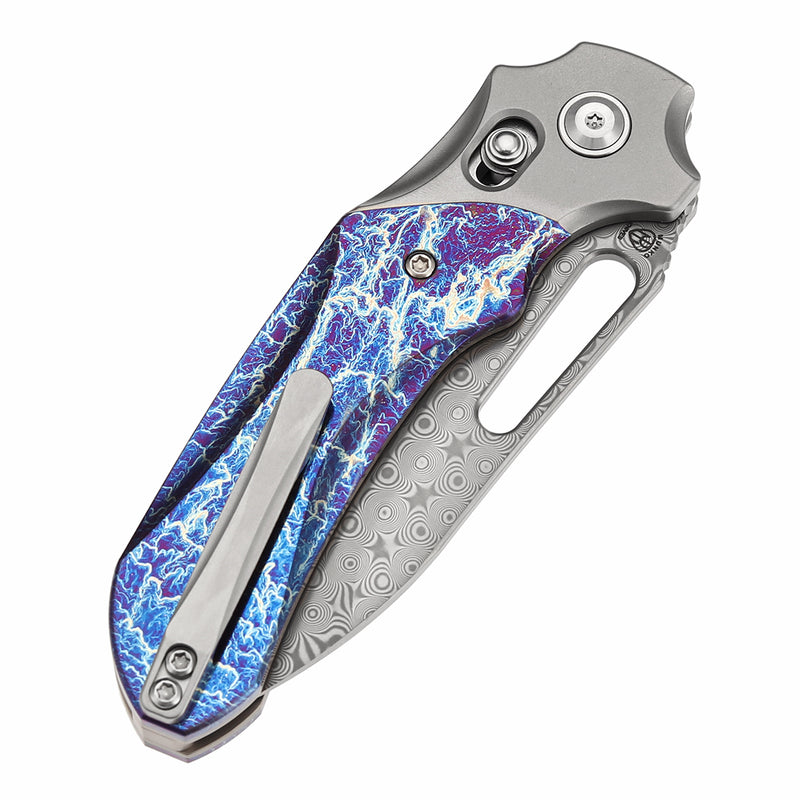 KANSEPT Quasar Cross Bar Lock Stonewashed Titanium and Titanium Inlay with Lightning Strike Finish Handle (3.38" Damascus Blade) with Munko Knives Design-K1099V3