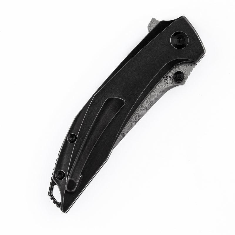 KANSEPT Baku Flipper/Thumb Hole Knife Stonewashed Titanium Handle (3.2'' Damascus Blade)Sparrow Knife Co Design -K1056A5