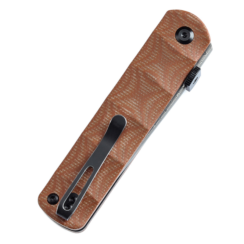 KANSEPT BTF Thumb Disc Knife Brown Micarta Handle (3.24'' Damascus Blade)Rolf Helbig-K1064A4