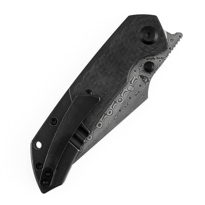 KANSEPT Fenrir Liner Lock Blackwash Titanium & Twill Carbon Fiber with G10 Handle (3.48'' DamascusBlade) Sparrow Knife Designed- K1034D1