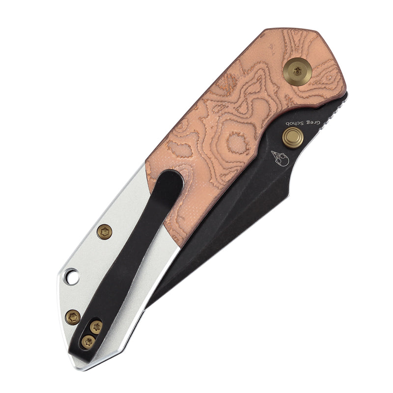 KANSEPT Fenrir Button Lock G-10 with Copper Foil Handle (3.45'' Blackwash 154CM Blade) Sparrow Knife Designed- T1034B2