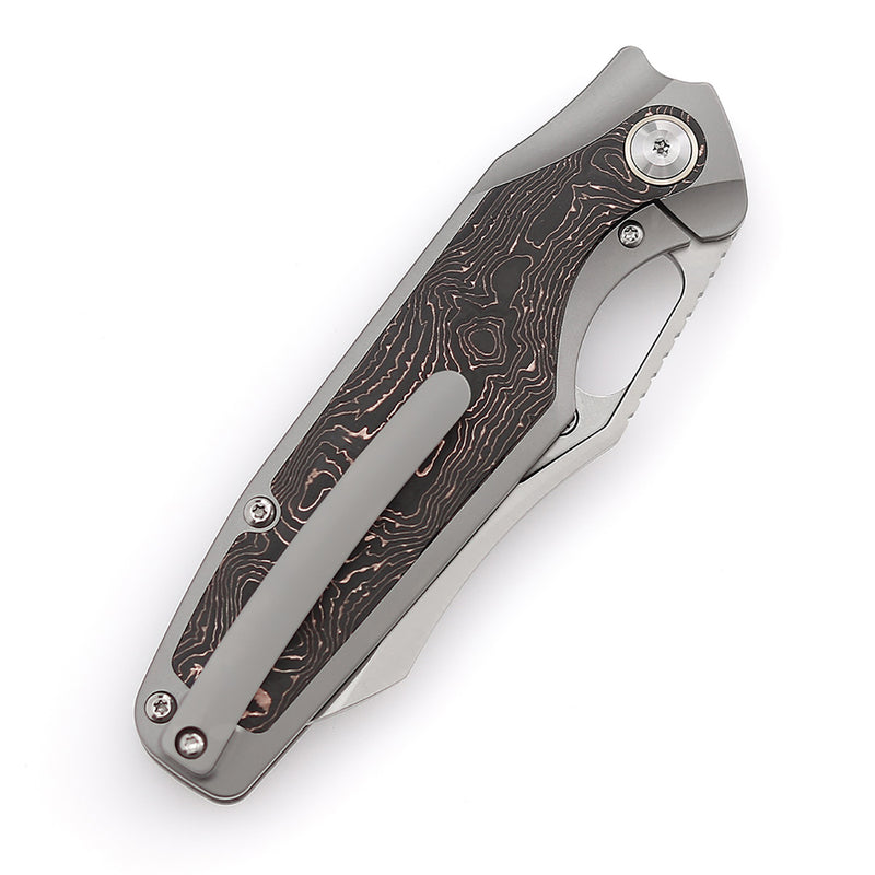 KANSEPT Tuckamore Thumb Hole Knife Titanium +Copper  Carbon Fiber Handle (3.54" CPM 20CV Blade) -K1052A2