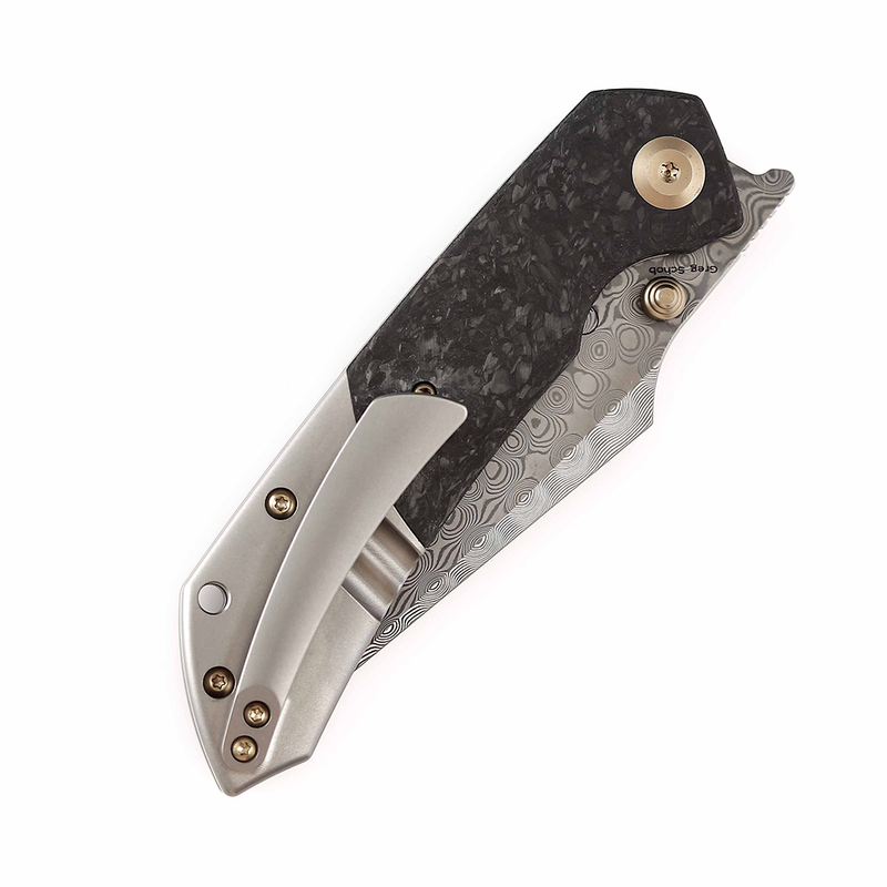 KANSEPT Fenrir Flipper Knife Beadblasted Titanium+ Shred Carbon Fiber Handle (3.48'' Damascus Blade) Greg Schob Design -K1034B1