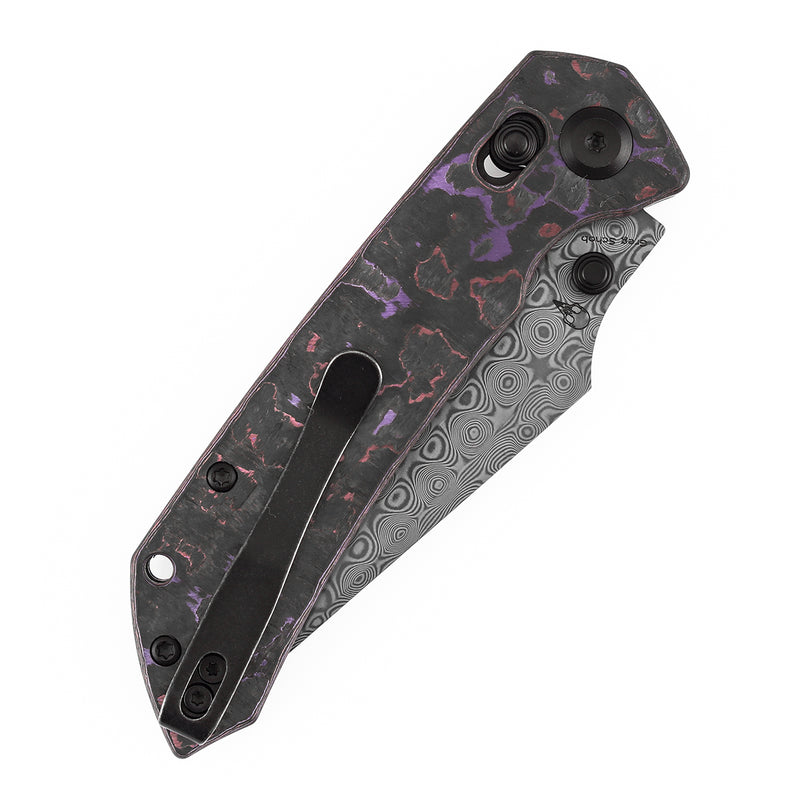Kansept Fenrir | Crossbar Lock |  Purple Haze Fatcarbon | 3.48" Damascus Blade | Sparrow Knife Design | K1034V9