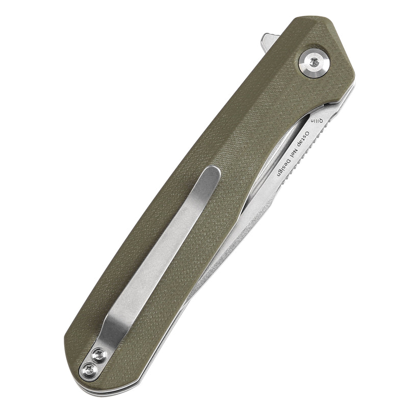 KANSEPT Qilin Flipper Olive Green G10 Handle (3.43''Stonewashed 154CM Blade Ostap Hel Design -T1047A2