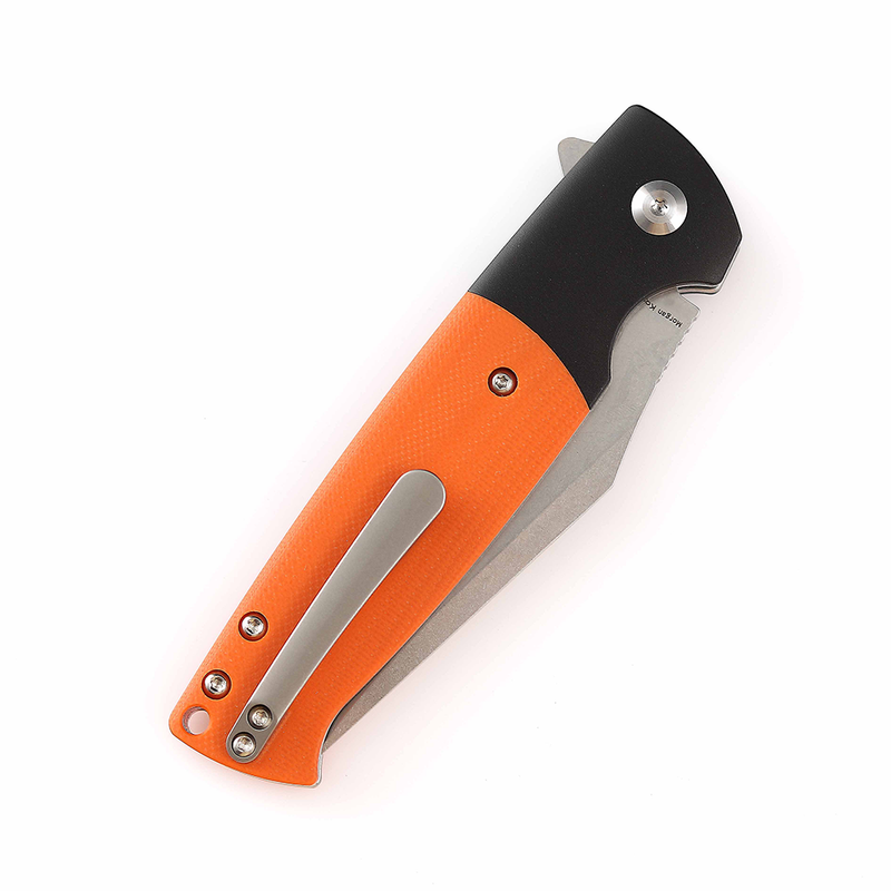 Shikari SBL  Button Lock T2027B2 Stonewashed 154CM Blade Black Aluminum + Orange G10 Handle with Morgan Koens Dessign