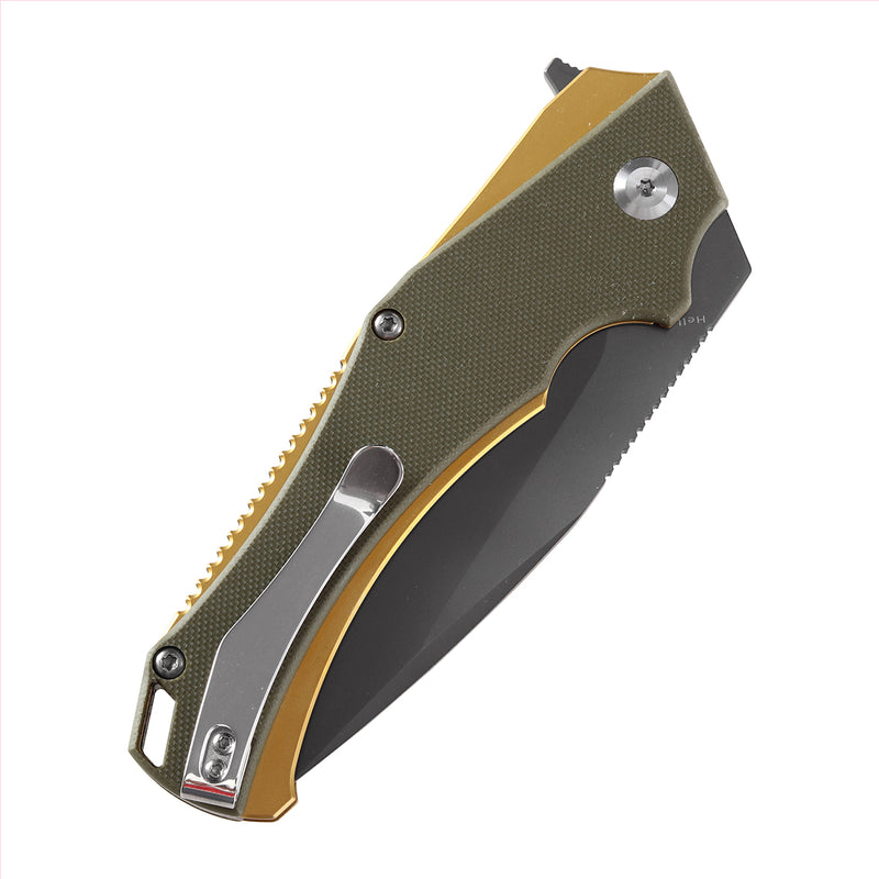 KANSEPT Hellx T1008A2 Budget-Friendly Folding Hunting Knife with Green G10 Handle Gray TiCn Coated D2 Blade