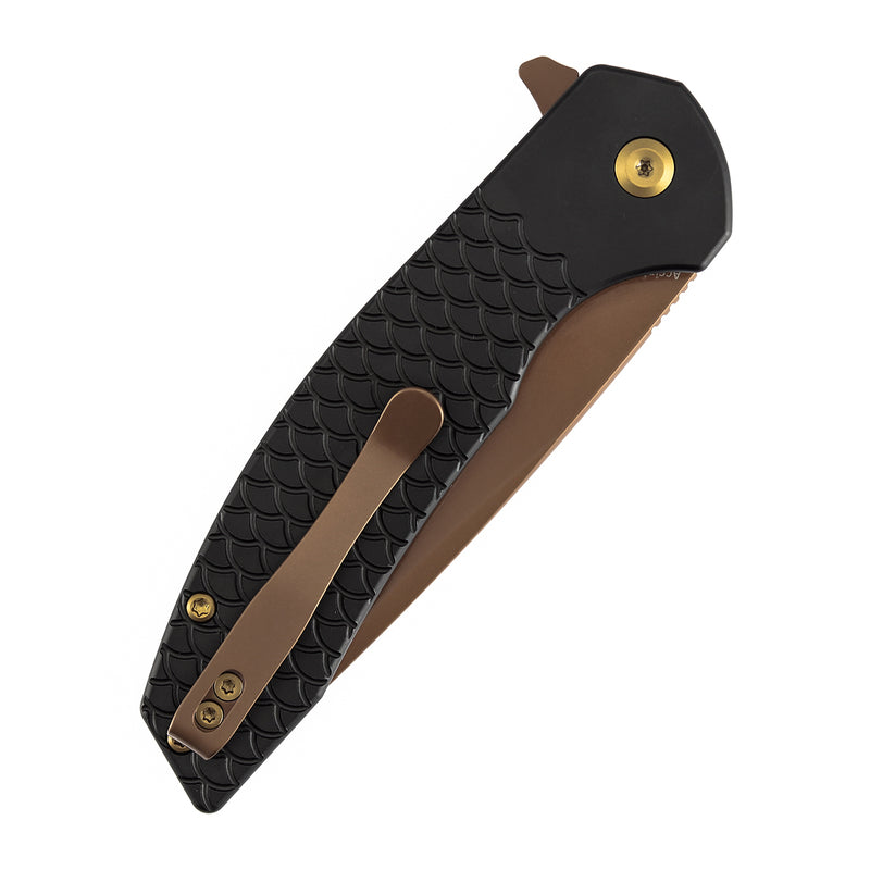 Kansept Accipiter | Button Lock | Black Anodized Aluminum with Fish Scale Texture | 3.53" Rose Gold 14C28N Blade | T1007F6