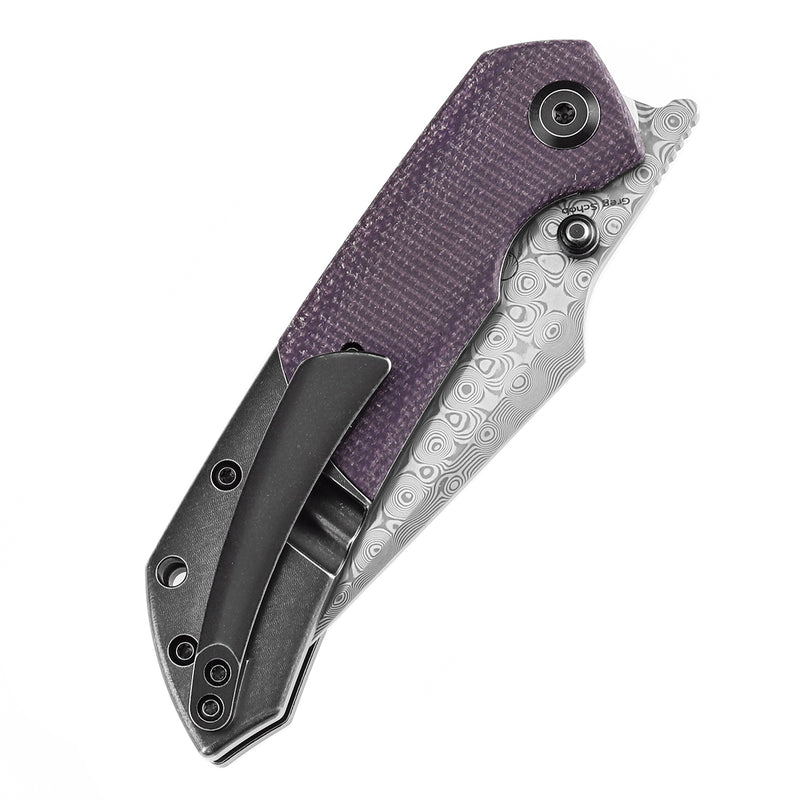 KANSEPT Fenrir Front Flipper/Thumb Stud Knife Blackwash Titanium and Purple Micarta Handle (3.48''Damascus Blade) Greg Schob Design -K1034Z2