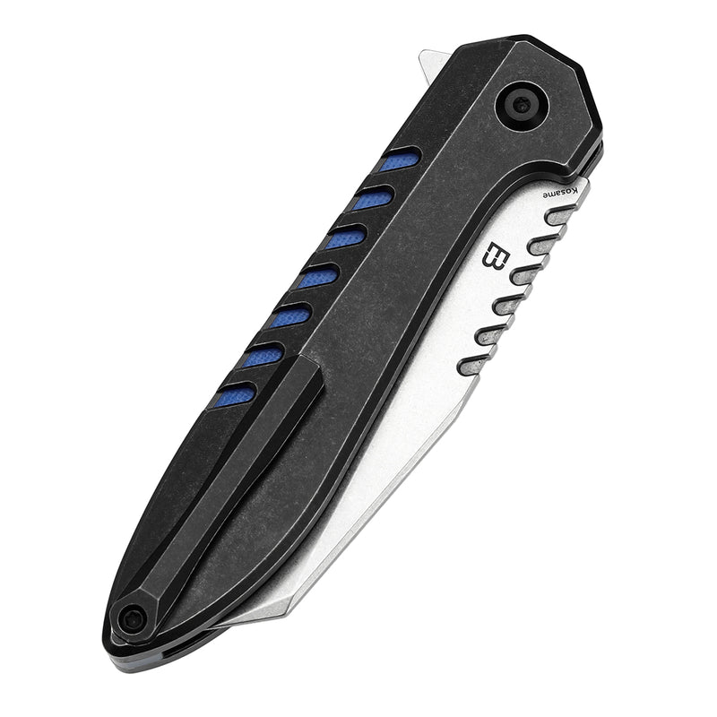 KANSEPT Kosame Button Lock Blackwash Titanium with Blue G10 Inlay (3.37" 154CM Blade) with EI Spade Design-T1093F4