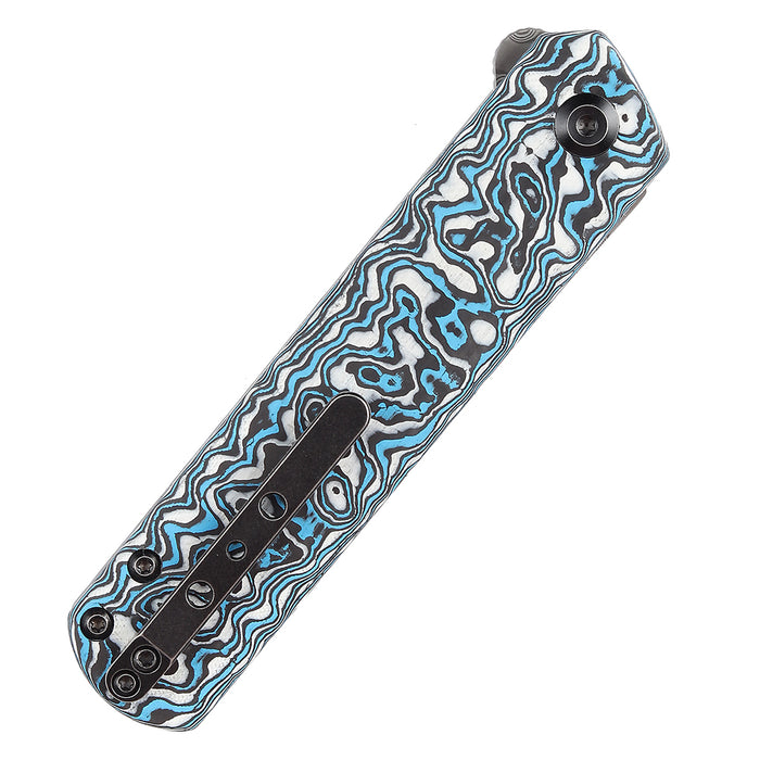 KANSEPT Foosa Slip Joint/Flipper Knife Blue White Carbon Fiber Handle (3.06"Damascus Blade) Rolf Helbig Design-K2020T2
