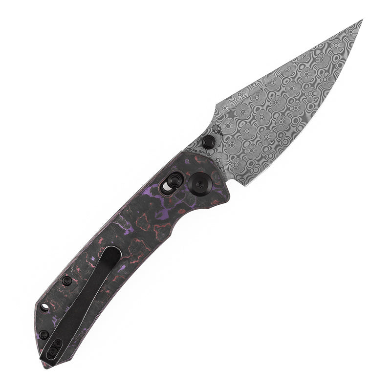 Kansept Fenrir | Crossbar Lock |  Purple Haze Fatcarbon | 3.48" Damascus Blade | Sparrow Knife Design | K1034V9