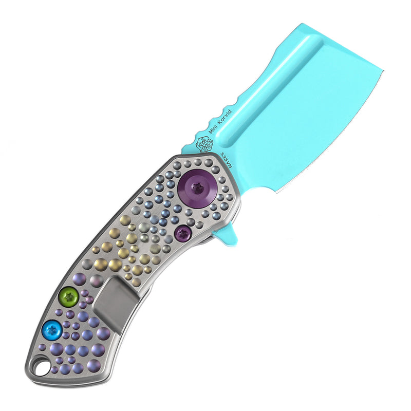 KANSEPT Mini Korvid Flipper knife Gradient Titanium Handle With Dimples Handle (1.45'' Light Blue Coating CPM S35VN Blade ) Koch Tools Design-K3030A10