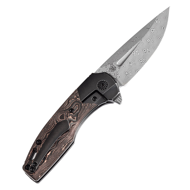 KANSEPT Cassowary Flipper Black Stonewashed Titanium and Copper Carbon Fiber Handle (2.9''Damascus Blade ) Koch Tools Design -K2065B5