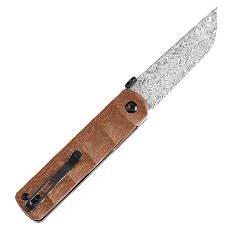 KANSEPT BTF Thumb Disc Knife Brown Micarta Handle (3.24'' Damascus Blade)Rolf Helbig-K1064A4