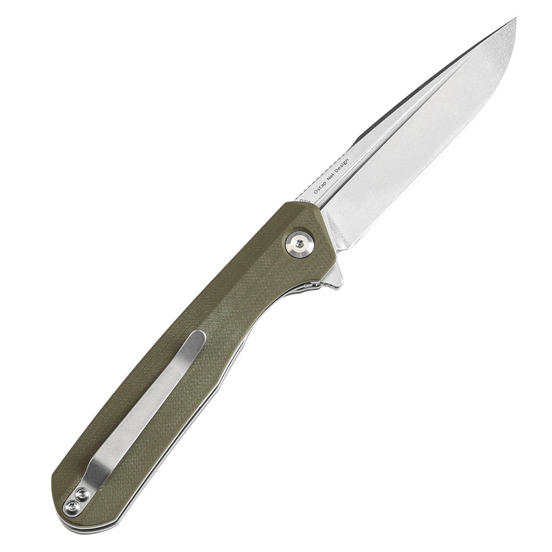 KANSEPT Qilin Flipper Olive Green G10 Handle (3.43''Stonewashed 154CM Blade Ostap Hel Design -T1047A2