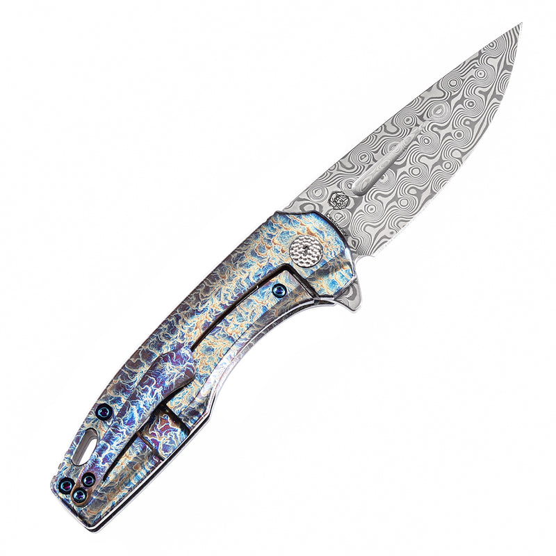 KANSEPT Cassowary Flipper Knife Titanium with Lightning Strike Finish Handle (2.9'' Damascus Blade) Koch Tools -K2065A3