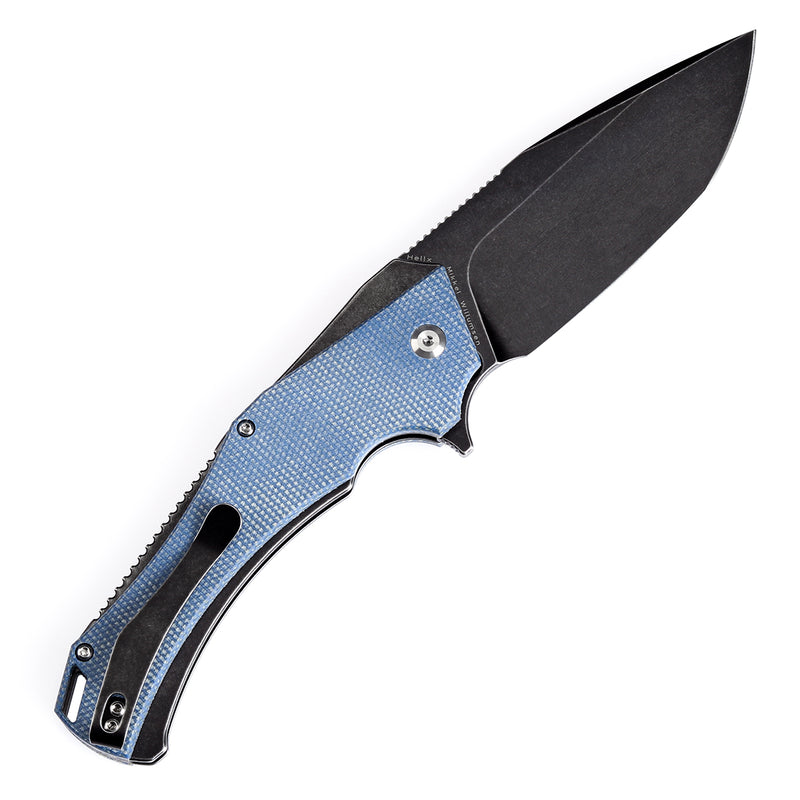 KANSEPT Hellx Button Lock Blue Micarta Handle (3.6''D2 Blade )Mikkel Willumsen Design -T1008F3