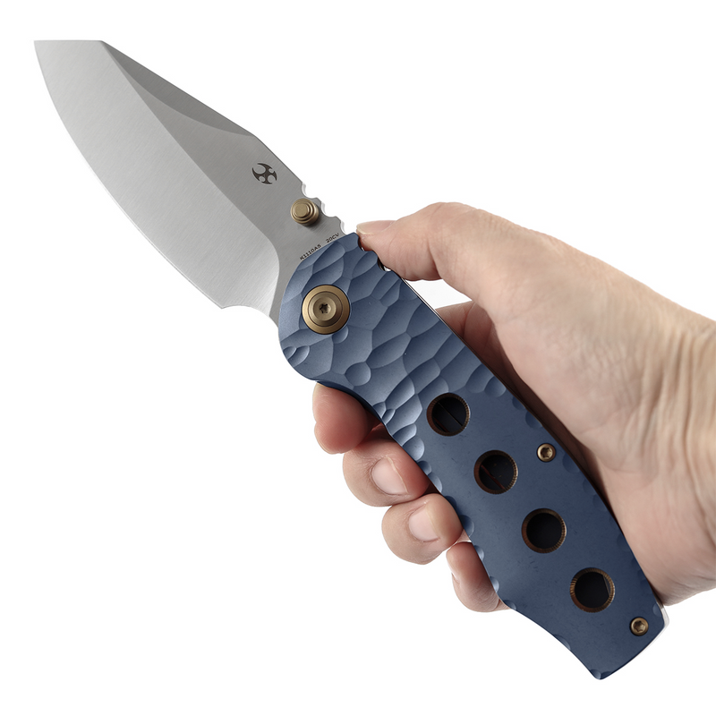 Kansept Caveman | Frame Lock | Blue Anodized and Stonewashed Titanium with CNC-machined Rock Pattern | 3.57" CPM 20CV Blade |  Jesse Pauley Designed | K1110A5
