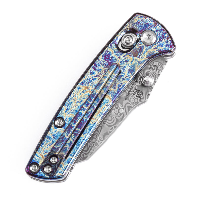 KANSEPT Little Main Street Cross Bar Lock Titanium with Lightning Strike Finish Handle (2.26'' Damascus Blade) Dirk Pinkerton Design K2015V1