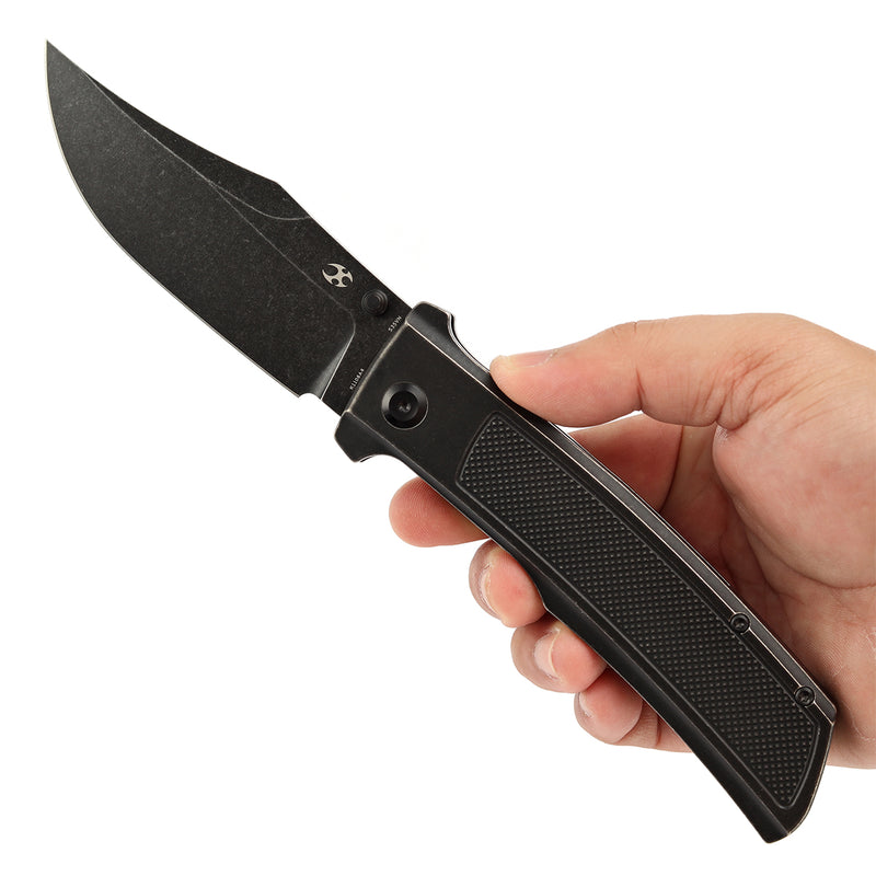 KANSEPT Bison Thumb Stub Blackwash Titanium with Frag Pattern Handle 4.25" CPM S35VN Blade) with Ray Laconico Knives Design-K1108A4