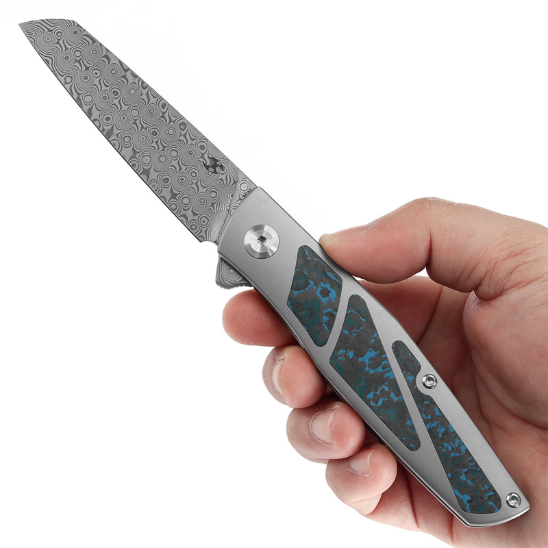 KANSEPT Cru Flipper Knife Plain Titanium & Artic Storm Fatcarbon Handle(3.46''Damascus Blade) Villella Knives Design-K1092A3