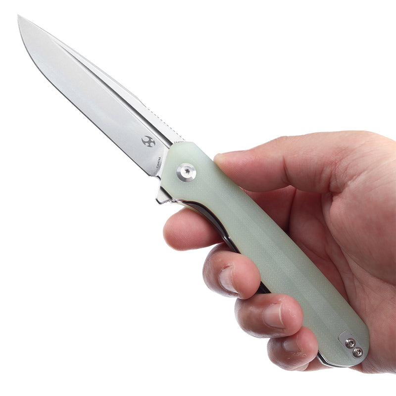 KANSEPT Qilin Flipper Jade G10 Handle (3.43''Stonewashed 154CM Blade Ostap Hel Design -T1047A5