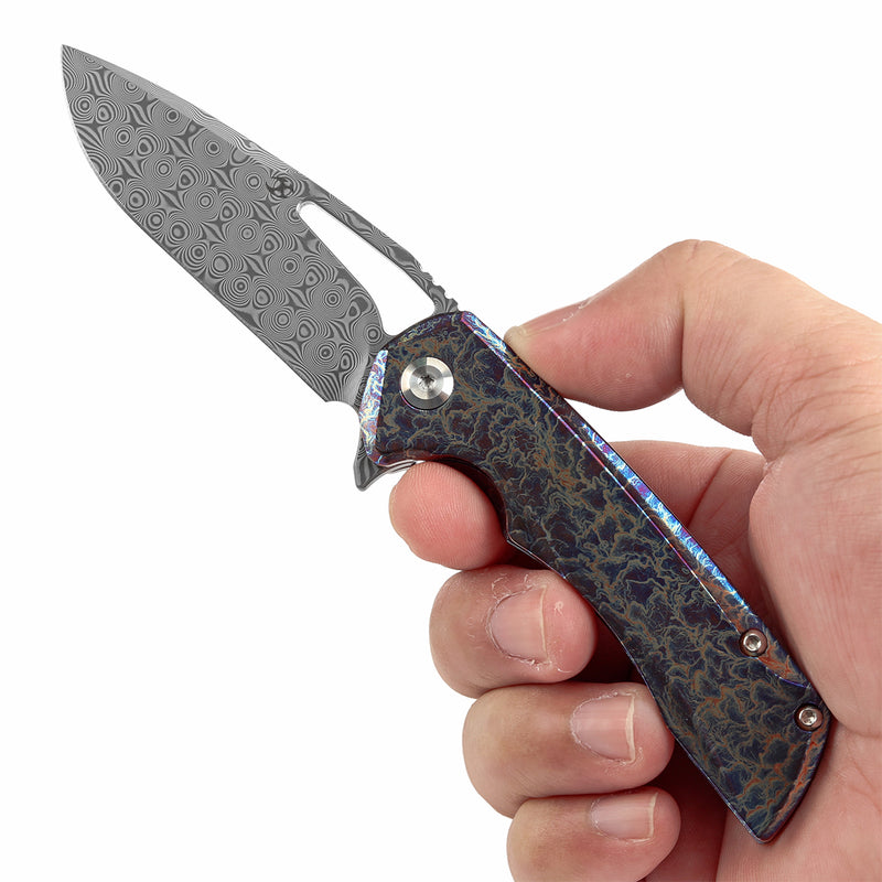 KANSEPT Mini Kryo Thumb Hole Titanium with Lightning Strike Finish Handle (2.9" Damascus Blade) Kim Ning Design-K2001S2