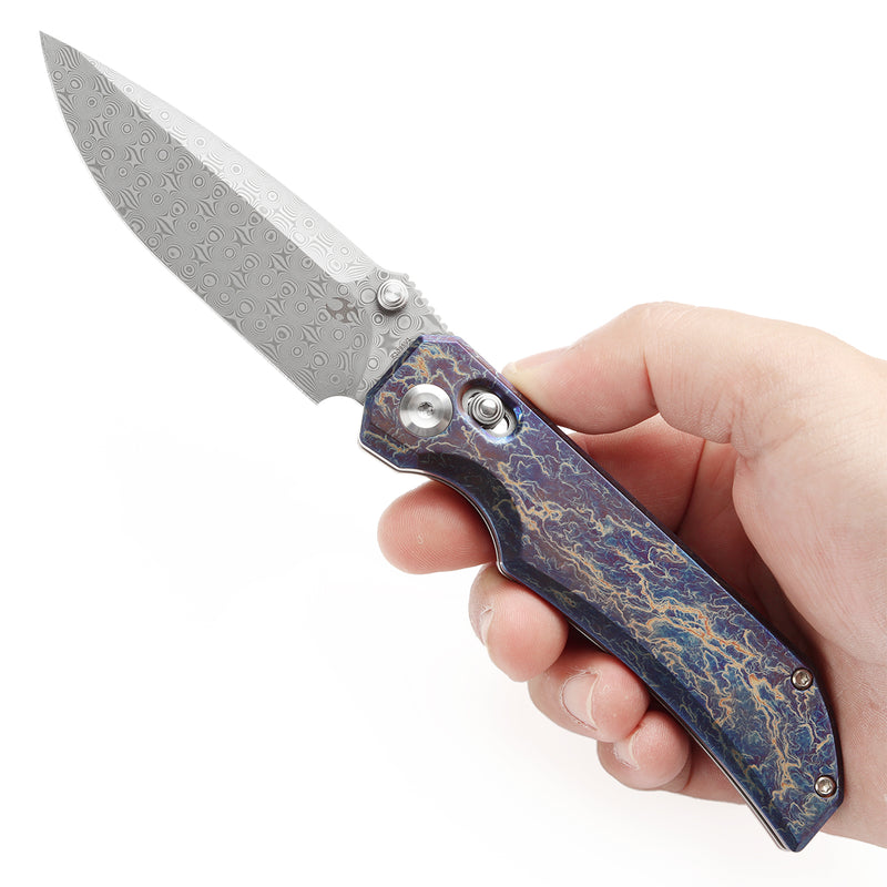 KANSEPT Eaglestrike Crossbar Lock Knife Titanium with Lightning Strike Finish Handle(3.73'' Damascus Blade) James Lowe Design-K1095V1