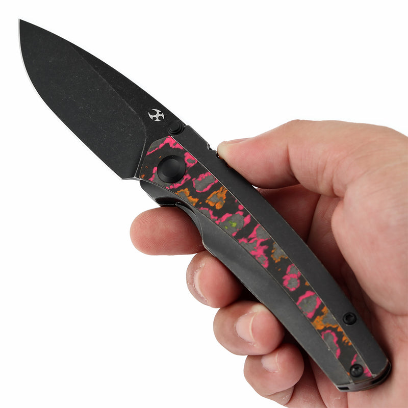 KANSEPT Thumb Stub Raven Blackwash Titanium wtih Flo Party Camocarbon Handle (3.13" CPM 20CV Blade) with Black Bird Blades Design-K2109A6