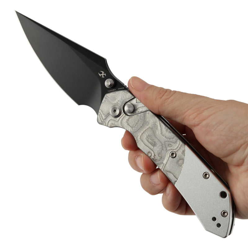 KANSEPT Fenrir Button Lock G-10 with Aluminum Foil Handle (3.45'' Blackwash 154CM Blade) Sparrow Knife Designed- T1034B3