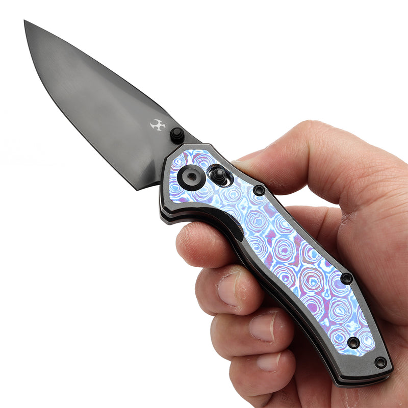 KANSEPT Apollo Cross Bar Lock Blackwash Titanium with Timascus Handle (3.11“ CPM S35VN Blade) with War Blades Design-K2107V5