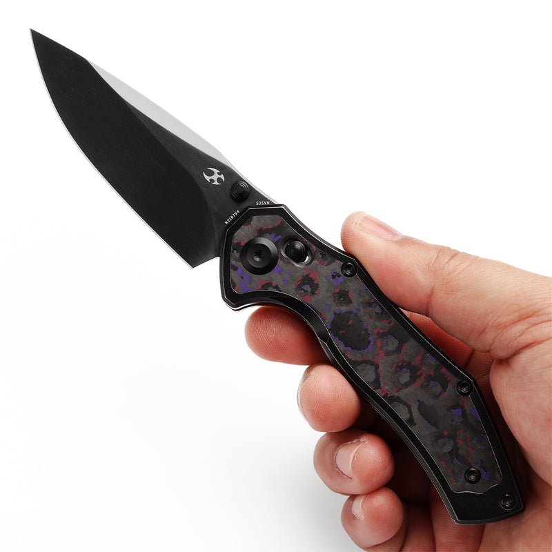 KANSEPT Apollo Cross Bar Lock Blackwash Titanium with Purple Haze Fatcarbon Handle (3.11“ Mirror DLC CPM S35VN Blade) with War Blades Design-K2107V4