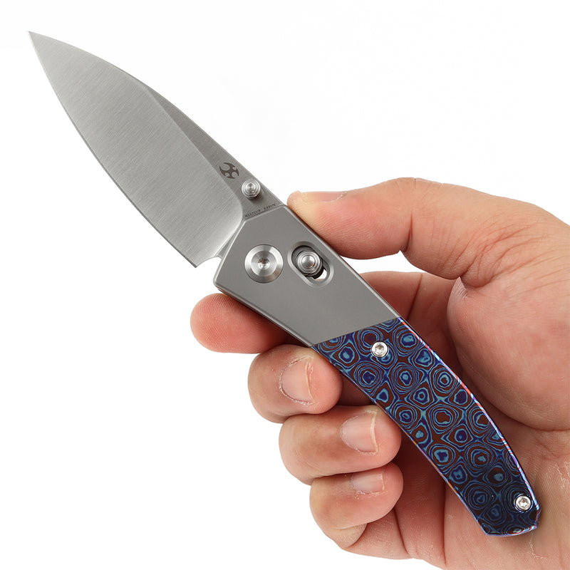 KANSEPT Dako Cross Bar Lock Stonewashed Titanium with Timascus Handle (3.19" CPM S35VN Blade) with Eddy M Design-K1101V5