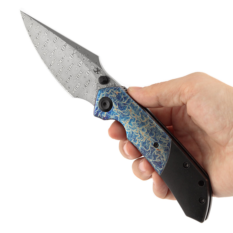KANSEPT Fenrir Liner Lock Blackwash Titanium with Lightning Strike Finish Titanium Inlay Handle (3.48'' DamascusBlade) Sparrow Knife Designed- K1034D2