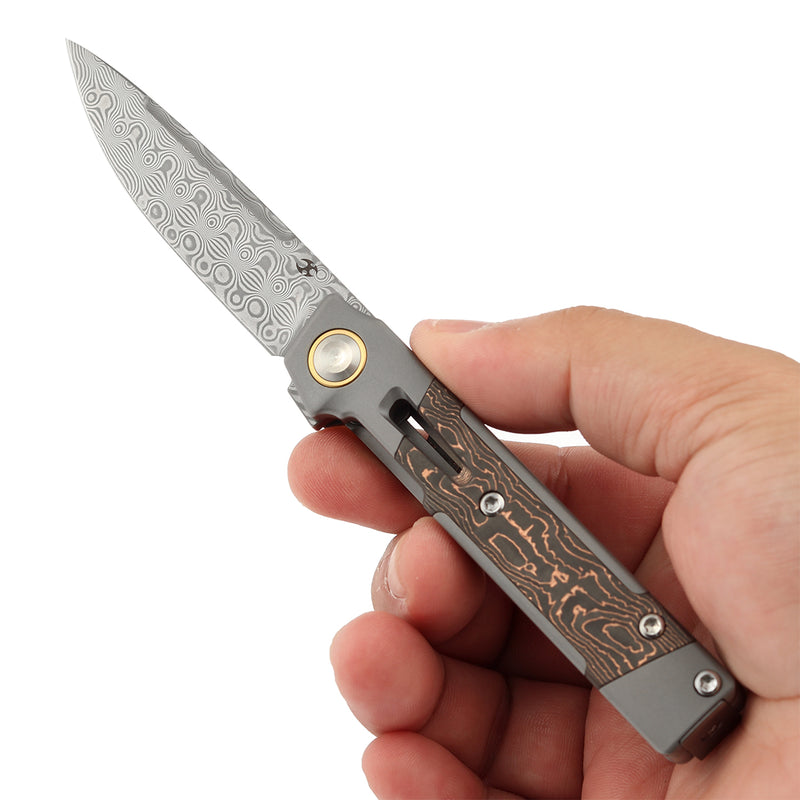 KANSEPT Kitpu Flipper Stonewashed Titanium with Copper Carbon Fiber (2.9" Damascus) Jonathan Styles Design- K2123A5