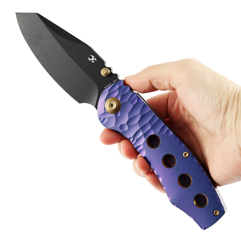 Kansept Caveman | Frame Lock | Purple Anodized and Stonewashed Titanium with CNC-machined Rock Pattern | 3.57" CPM 20CV Blade |  Jesse Pauley Designed | K1110A4