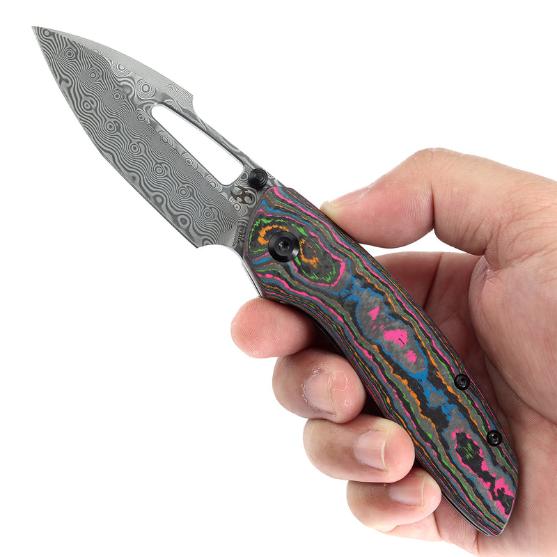 KANSEPT Link Thumb Studs 80S Camo Carbon Fiber Blackwash Titanium Handle(3.0''Damascus Blade )Johnathan Shaw Design-K1068A5