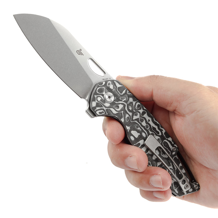 KANSEPT Model 6 Left-handed Flipper/Thumb Hole Knife Black White Carbon Fiber Handle (3.1'' CPM 20CV Blade) -K1022L2