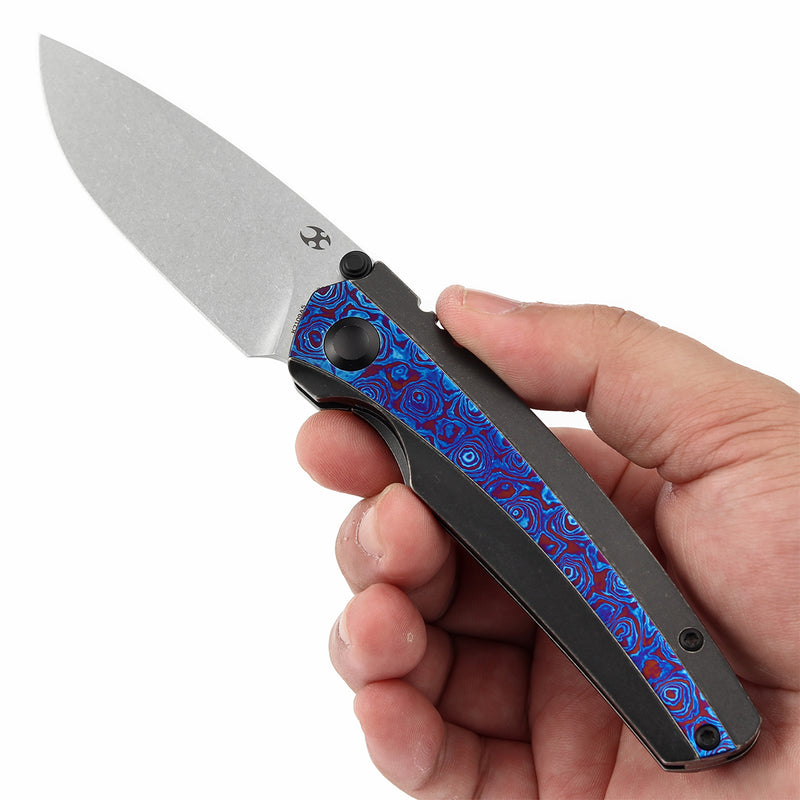 KANSEPT Thumb Stub Raven Blackwash Titanium wtih Timascus Handle (3.13" CPM 20CV Blade) with Black Bird Blades Design-K2109A5