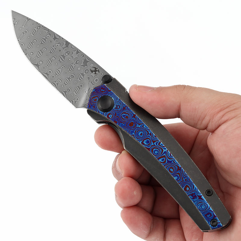 KANSEPT Thumb Stub Raven Blackwash Titanium wtih Timascus Handle (3.13" Damascus Blade) with Black Bird Blades Design-K2109A4