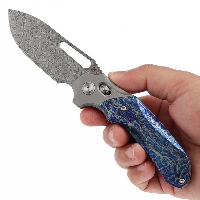 KANSEPT Quasar Cross Bar Lock Stonewashed Titanium and Titanium Inlay with Lightning Strike Finish Handle (3.38" Damascus Blade) with Munko Knives Design-K1099V3