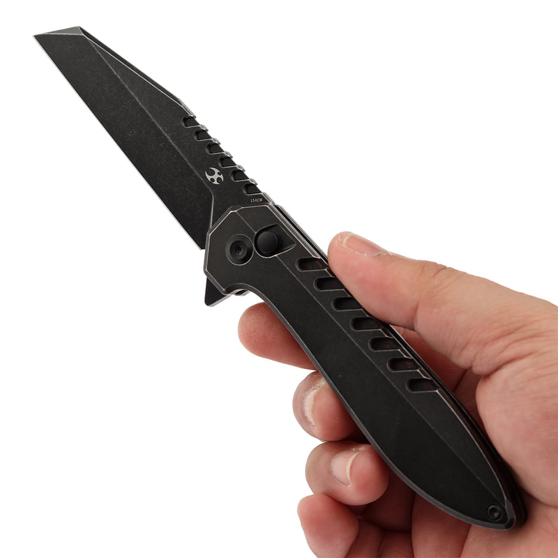 KANSEPT Kosame Button Lock Blackwash Titanium with Black & Red G-mascus (3.37" 154CM Blade) with EI Spade Design-T1093F5
